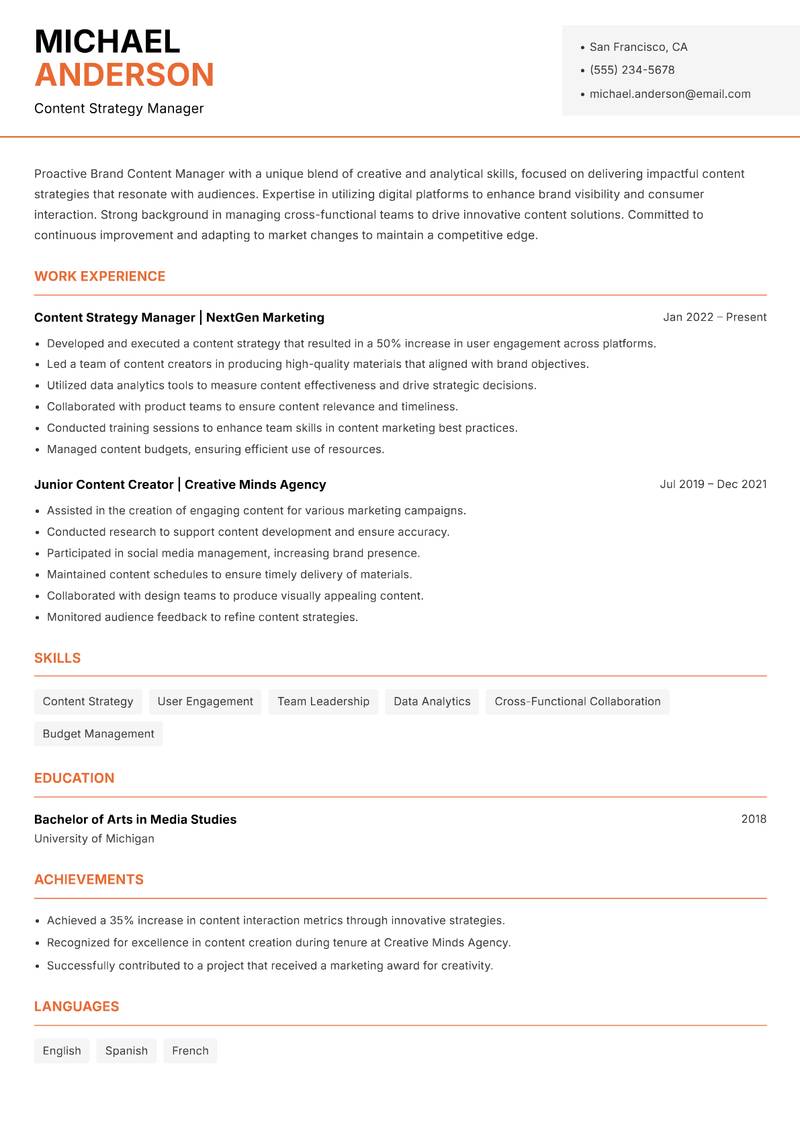 Brand Content Manager resume sample — Content Strategy Manager focus