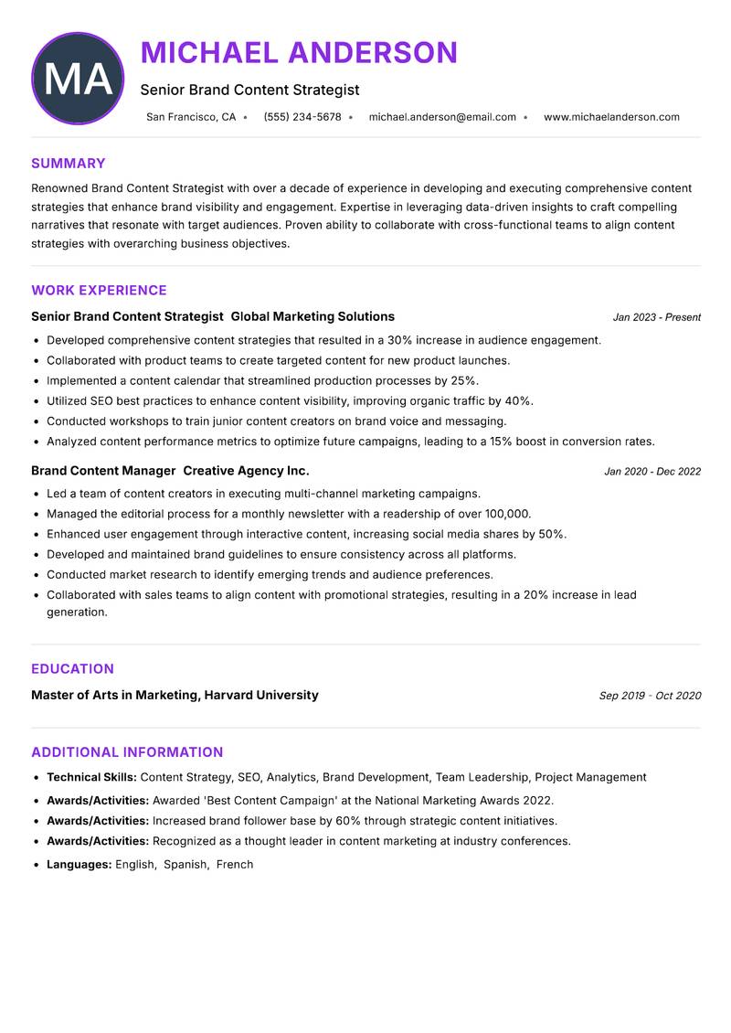 Brand Content Strategist resume example