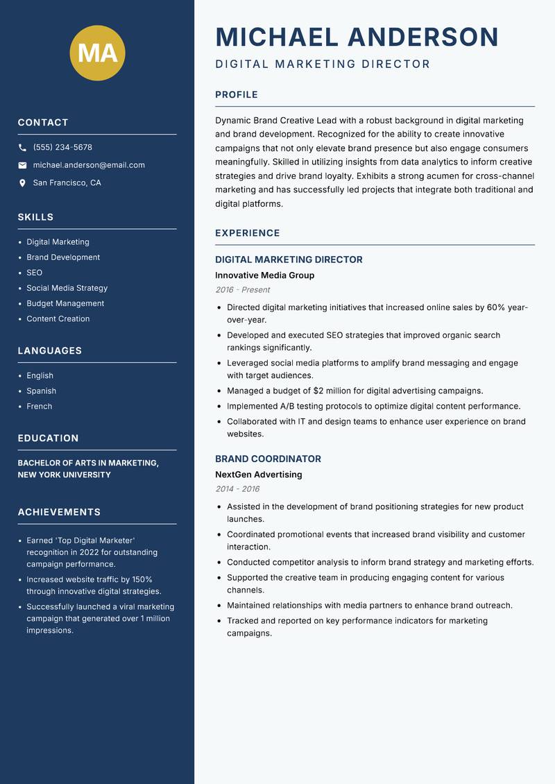 Brand Creative Lead resume sample — Digital Marketing Director focus