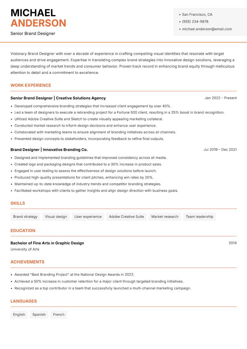 Brand Designer resume sample — Senior Brand Designer focus