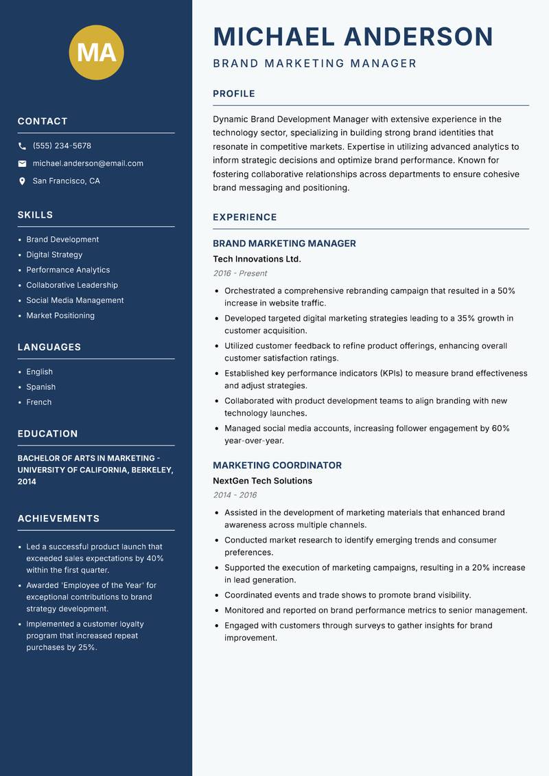 Brand Development Manager resume sample — Brand Marketing Manager focus