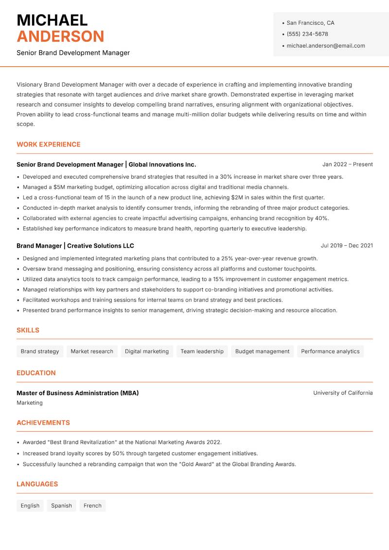 Brand Development Manager resume sample — Senior Brand Development Manager focus