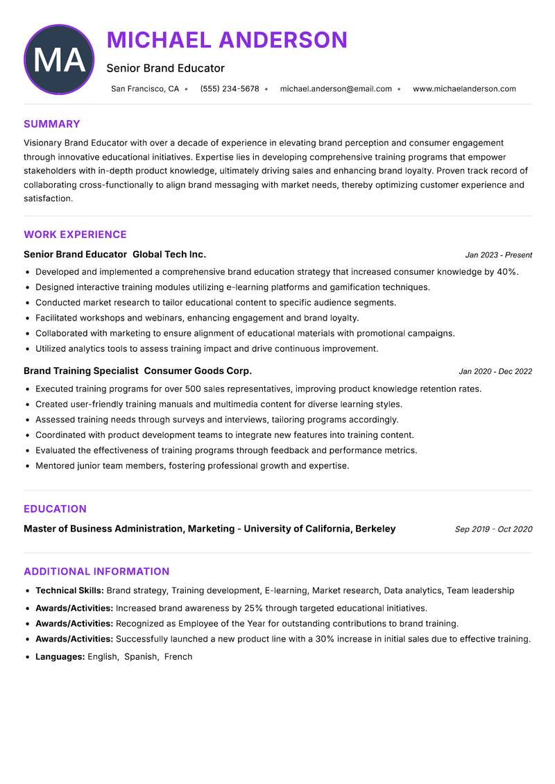 Brand Educator resume example