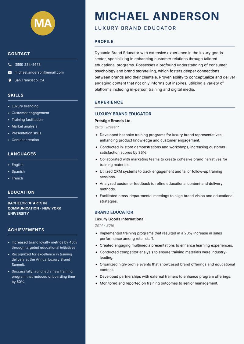 Brand Educator resume sample — Luxury Brand Educator focus