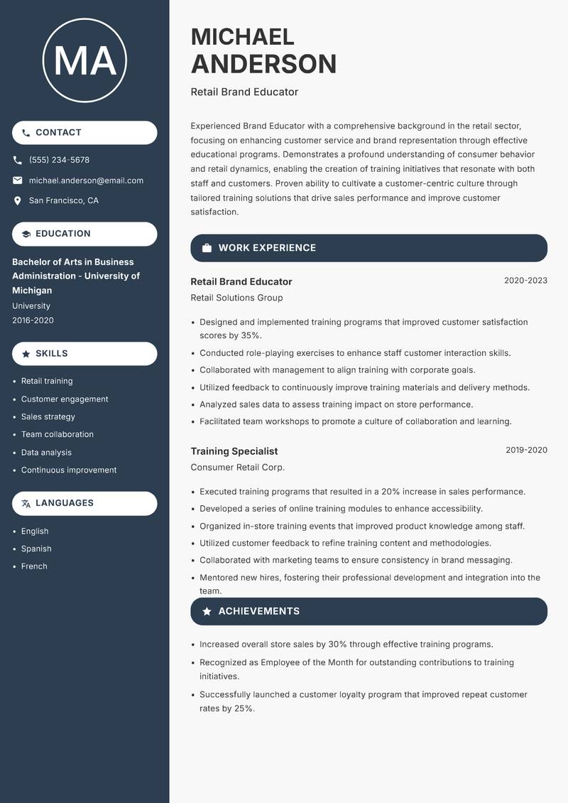 Brand Educator resume sample — Retail Brand Educator focus