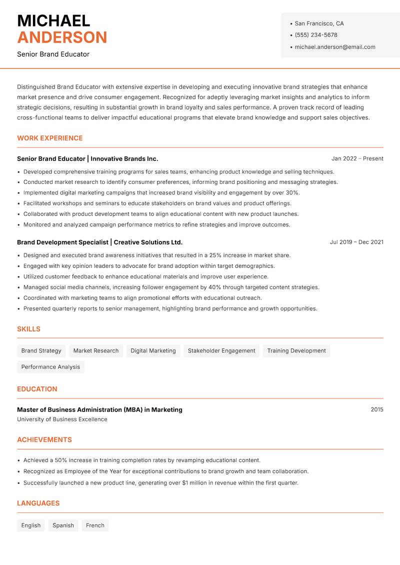 Brand Educator resume sample — Senior Brand Educator focus