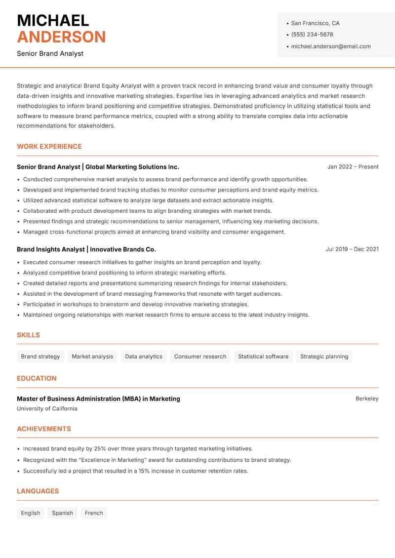 Brand Equity Analyst resume sample — Senior Brand Analyst focus