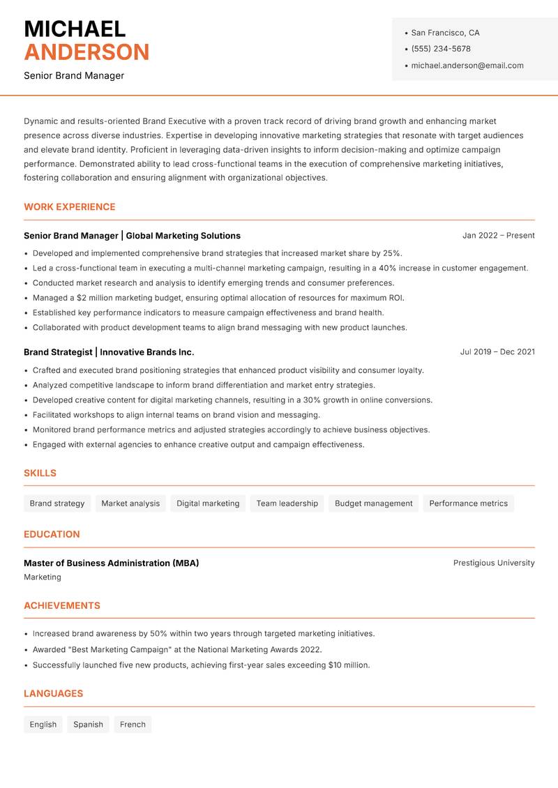 Brand Executive resume sample — Senior Brand Manager focus