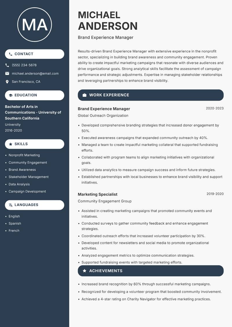 Brand Experience Manager resume sample — Brand Experience Manager focus