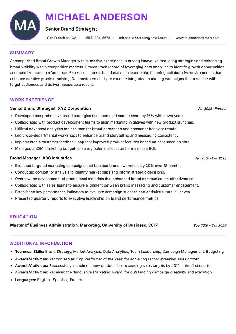 Brand Growth Manager resume example