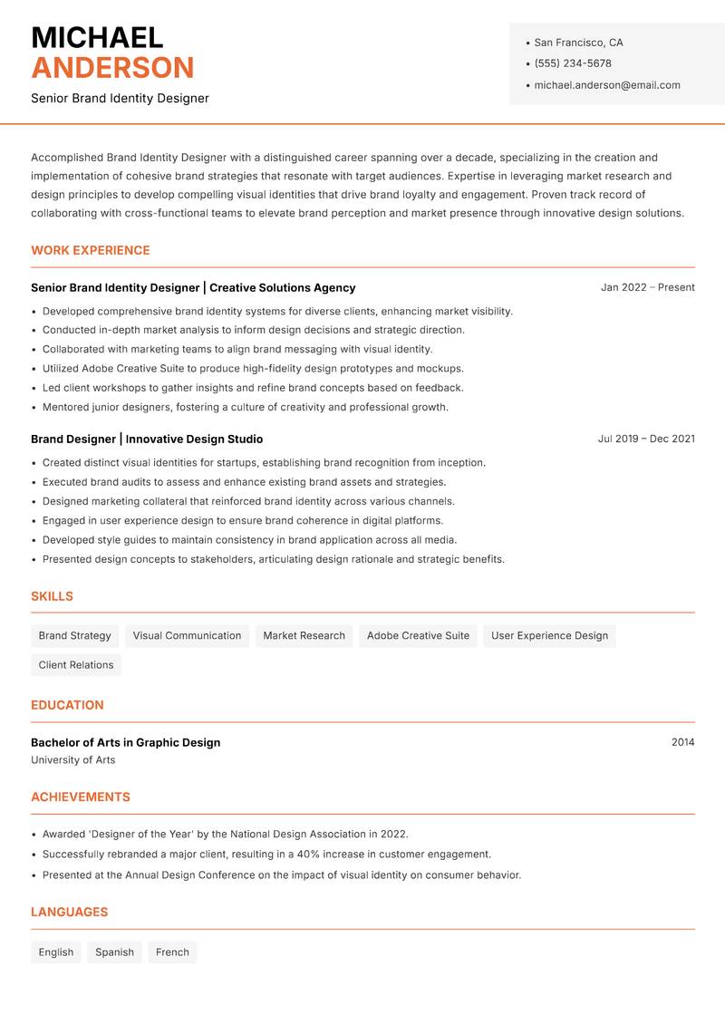 Brand Identity Designer resume sample — Senior Brand Identity Designer focus