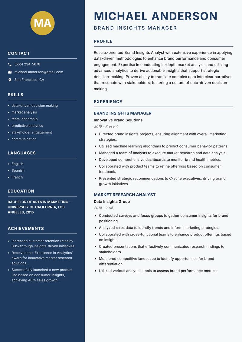 Brand Insights Analyst resume sample — Brand Insights Manager focus