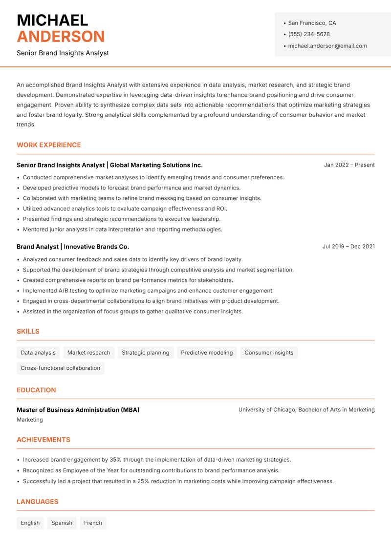 Brand Insights Analyst resume sample — Senior Brand Insights Analyst focus