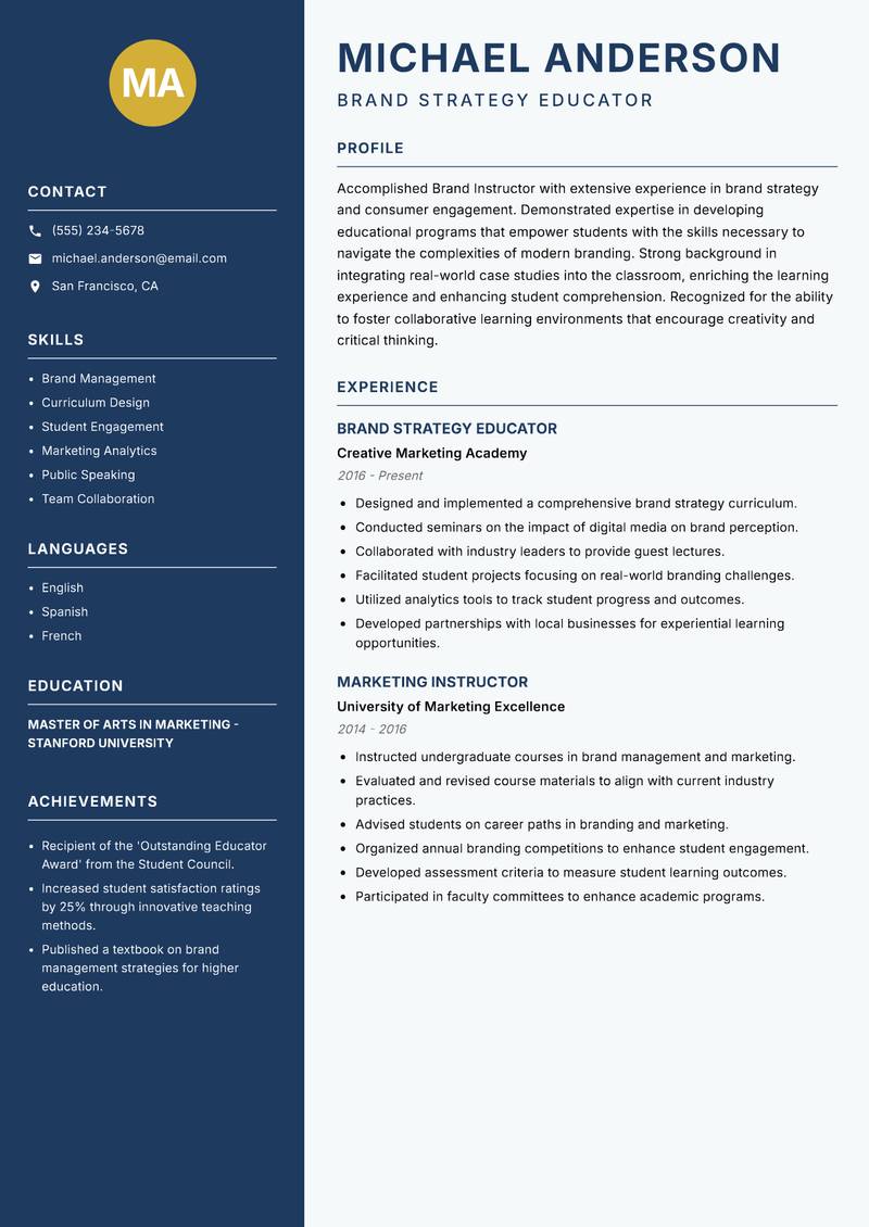 Brand Instructor resume sample — Brand Strategy Educator focus