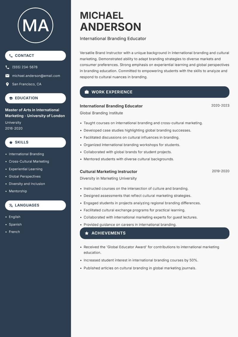 Brand Instructor resume sample — International Branding Educator focus