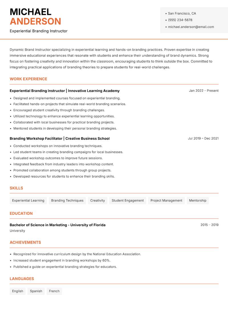 Brand Instructor resume sample — Experiential Branding Instructor focus