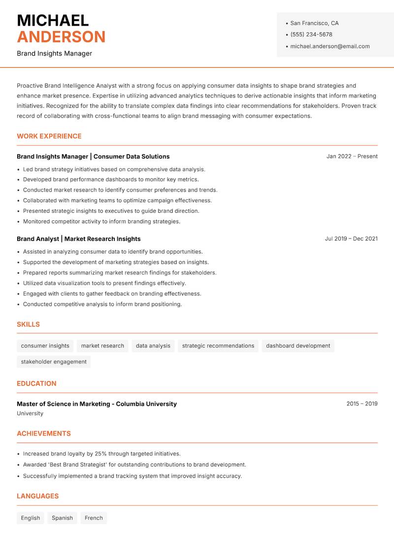 Brand Intelligence Analyst resume sample — Brand Insights Manager focus