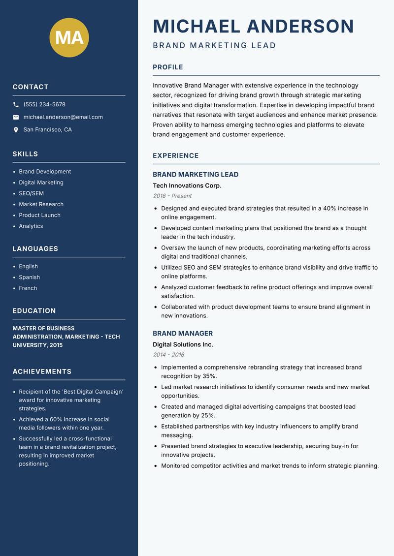 Brand Manager resume sample — Brand Marketing Lead focus