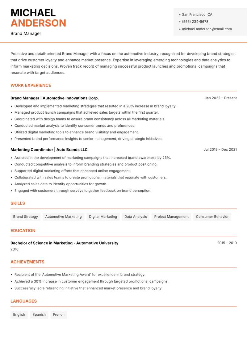 Brand Manager resume sample — Brand Manager focus