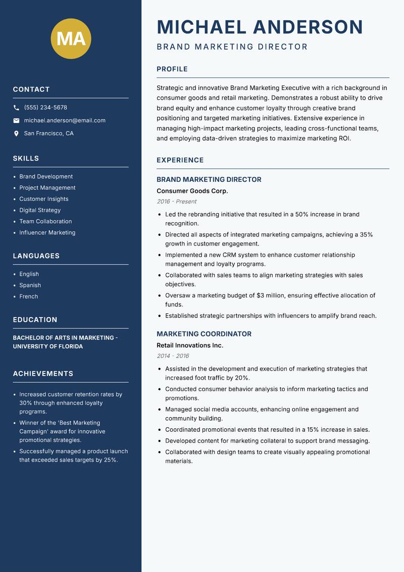 Brand Marketing Executive resume sample — Brand Marketing Director focus