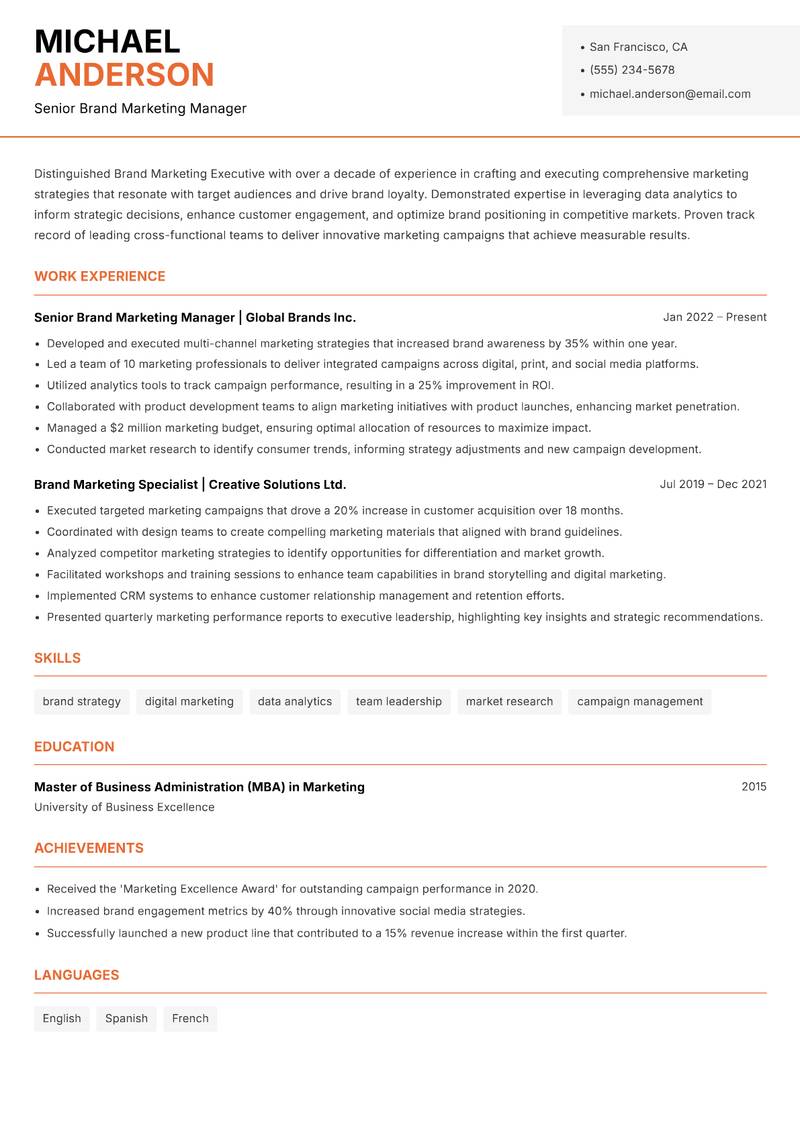 Brand Marketing Executive resume sample — Senior Brand Marketing Manager focus