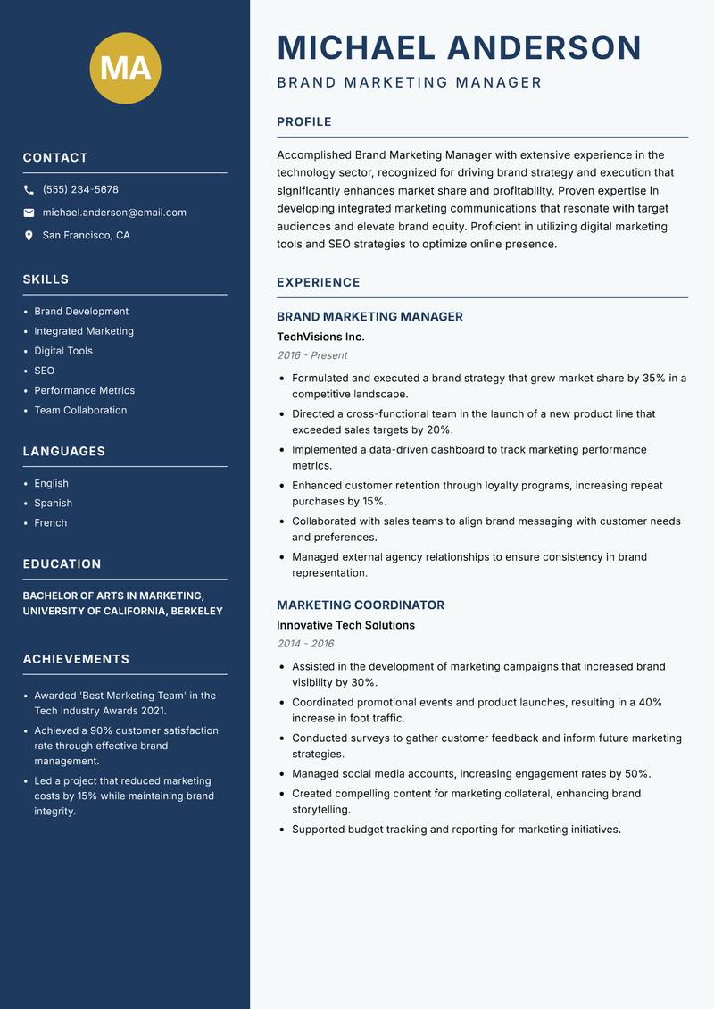 Brand Marketing Manager resume sample — Brand Marketing Manager focus