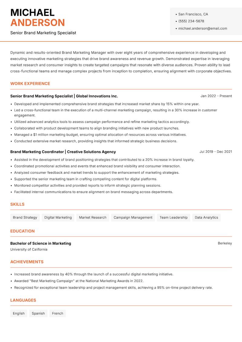 Brand Marketing Manager resume sample — Senior Brand Marketing Specialist focus
