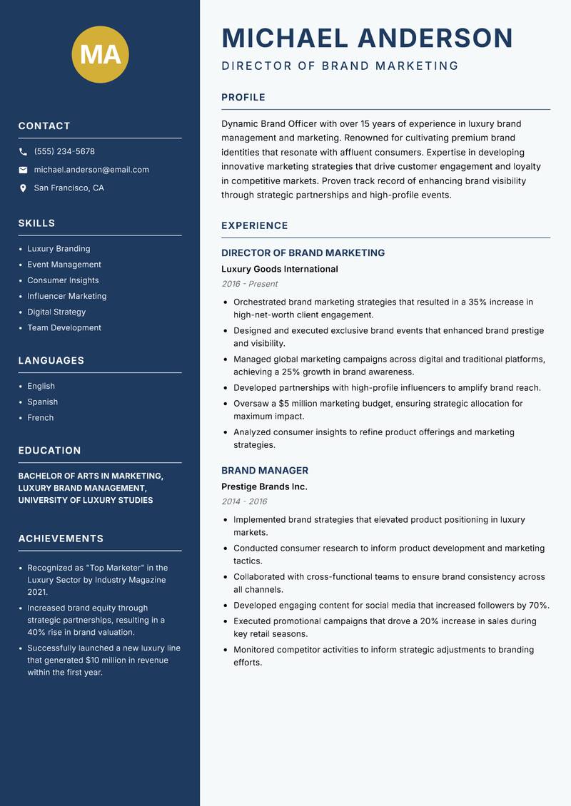 Brand Officer resume sample — Director of Brand Marketing focus