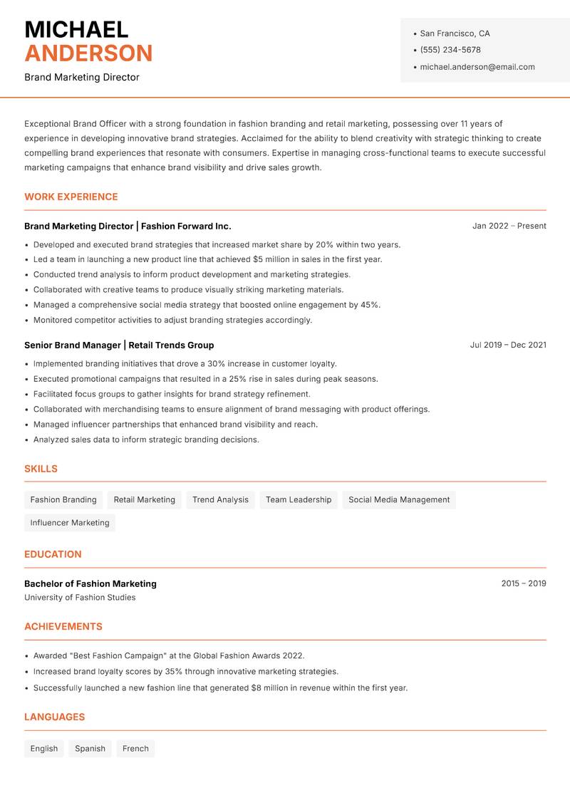 Brand Officer resume sample — Brand Marketing Director focus