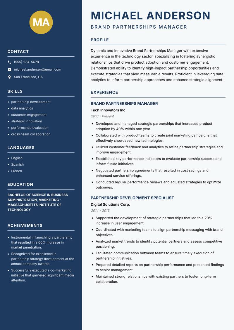 Brand Partnerships Manager resume sample — Brand Partnerships Manager focus