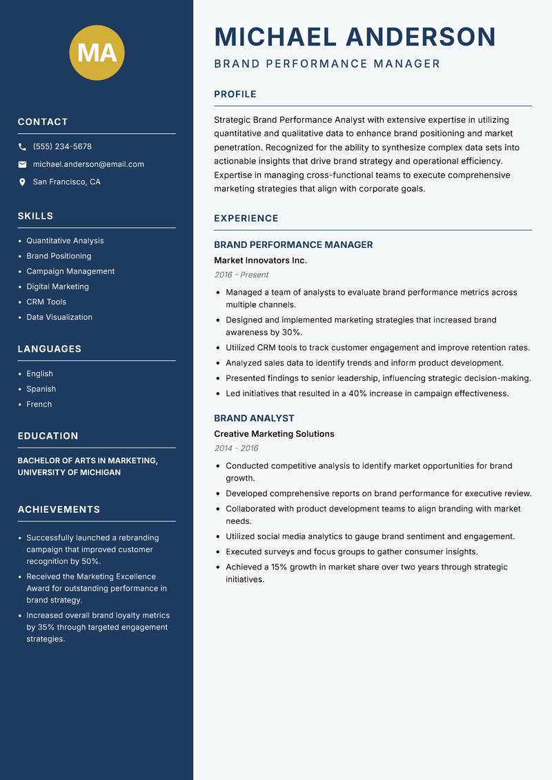 Brand Performance Analyst resume sample — Brand Performance Manager focus