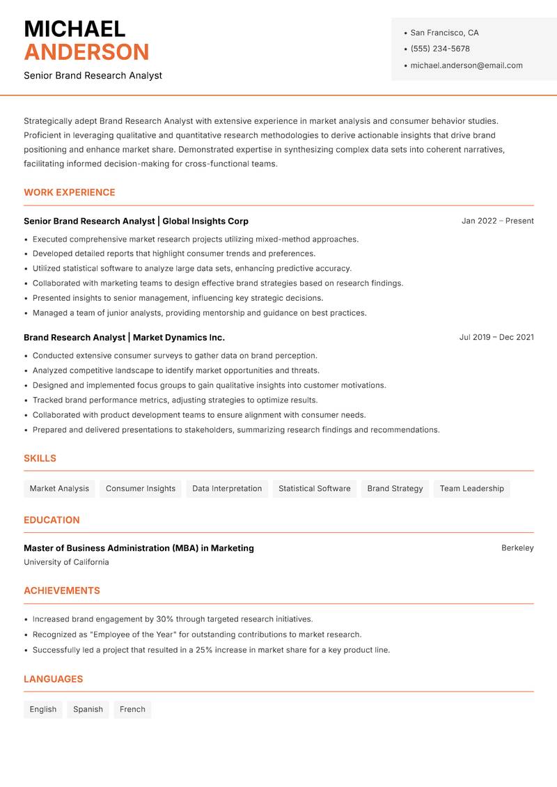 Brand Research Analyst resume sample — Senior Brand Research Analyst focus