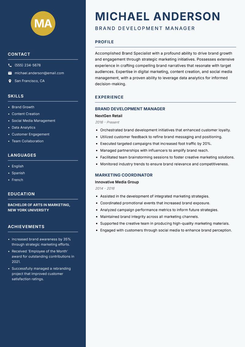 Brand Specialist resume sample — Brand Development Manager focus
