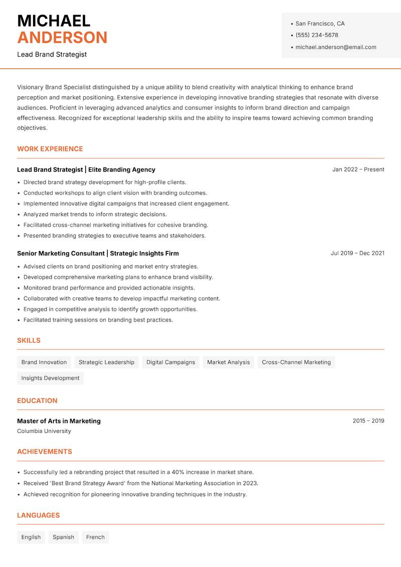 Brand Specialist resume sample — Lead Brand Strategist focus