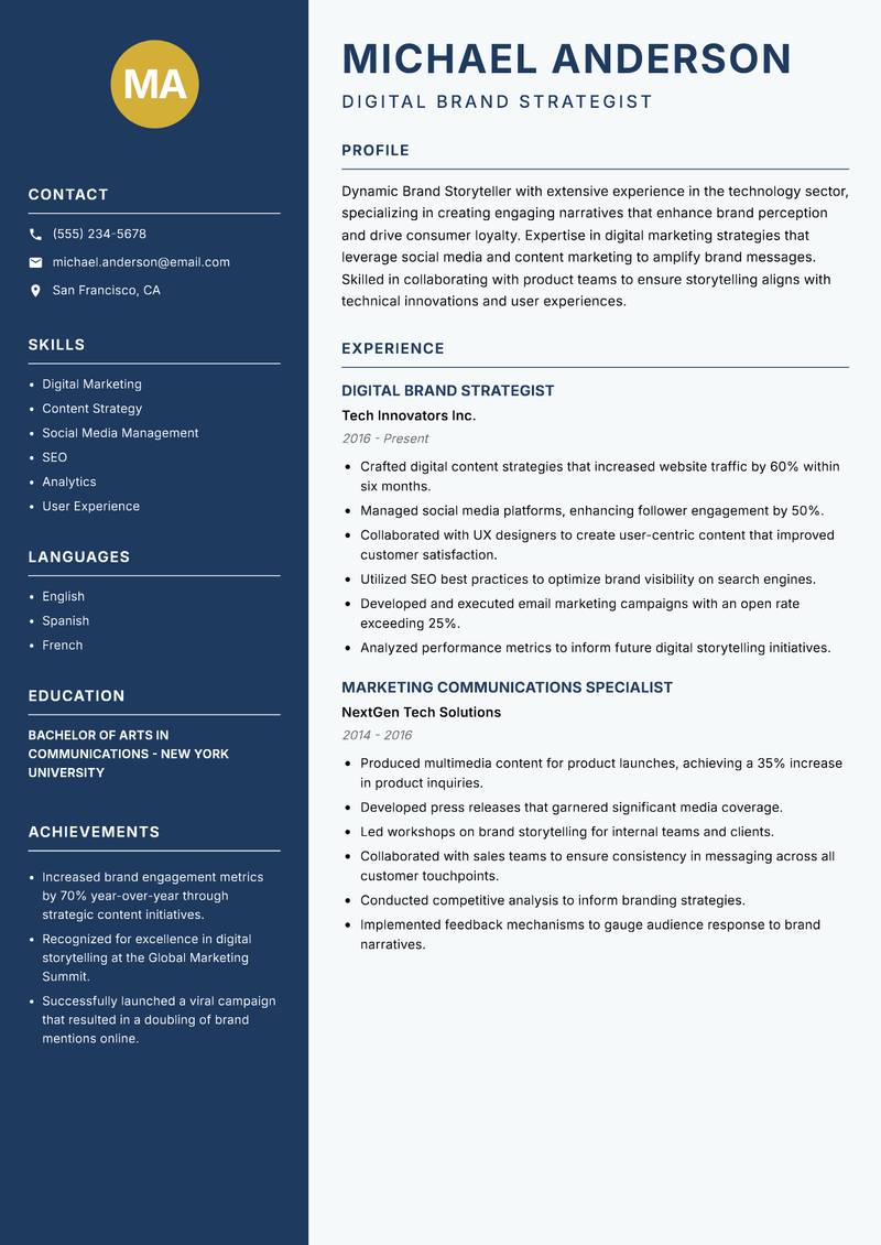 Brand Storyteller resume sample — Digital Brand Strategist focus