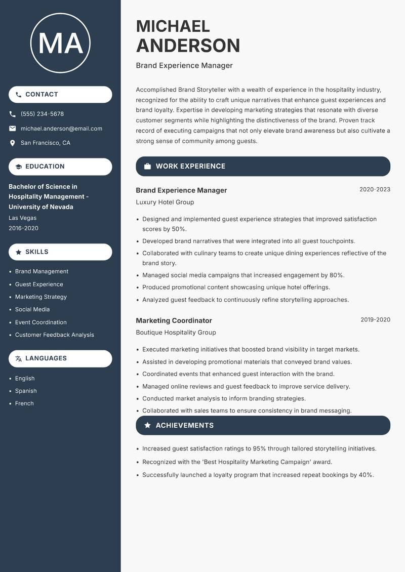 Brand Storyteller resume sample — Brand Experience Manager focus