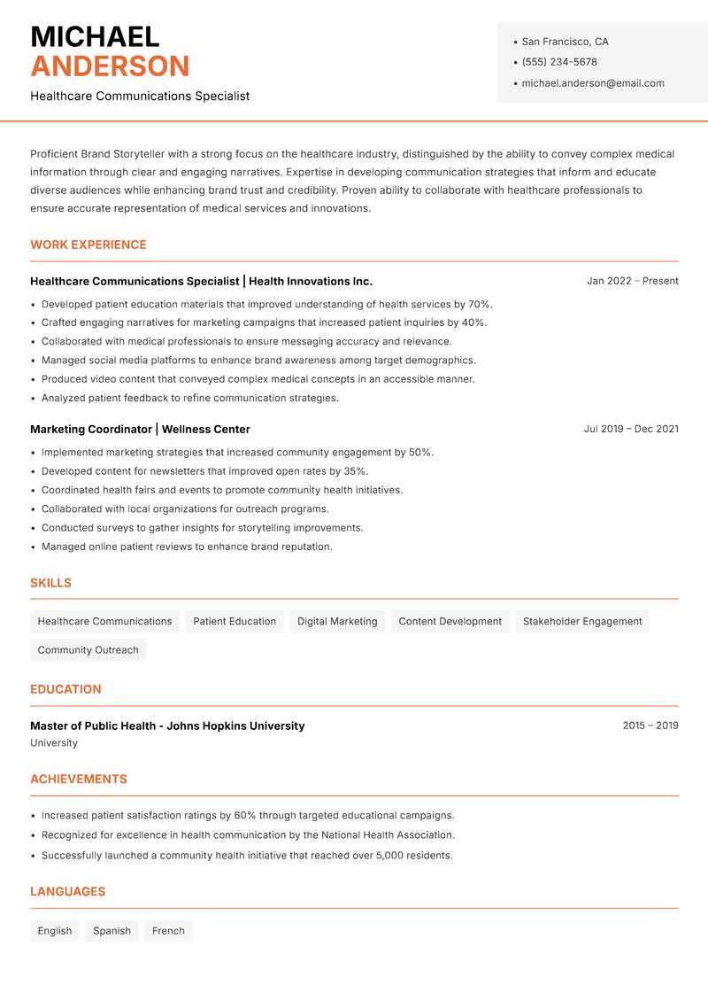 Brand Storyteller resume sample — Healthcare Communications Specialist focus