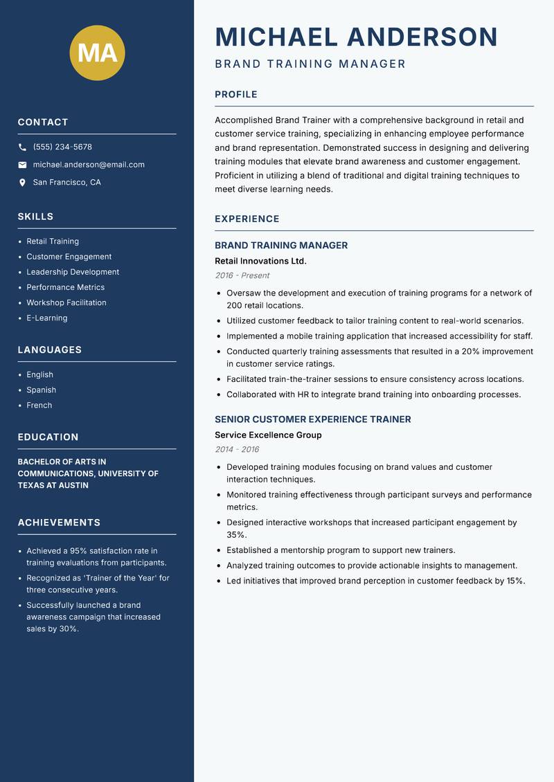 Brand Trainer resume sample — Brand Training Manager focus