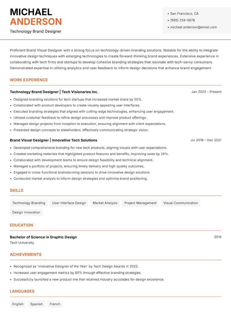 Brand Visual Designer resume sample — Technology Brand Designer focus