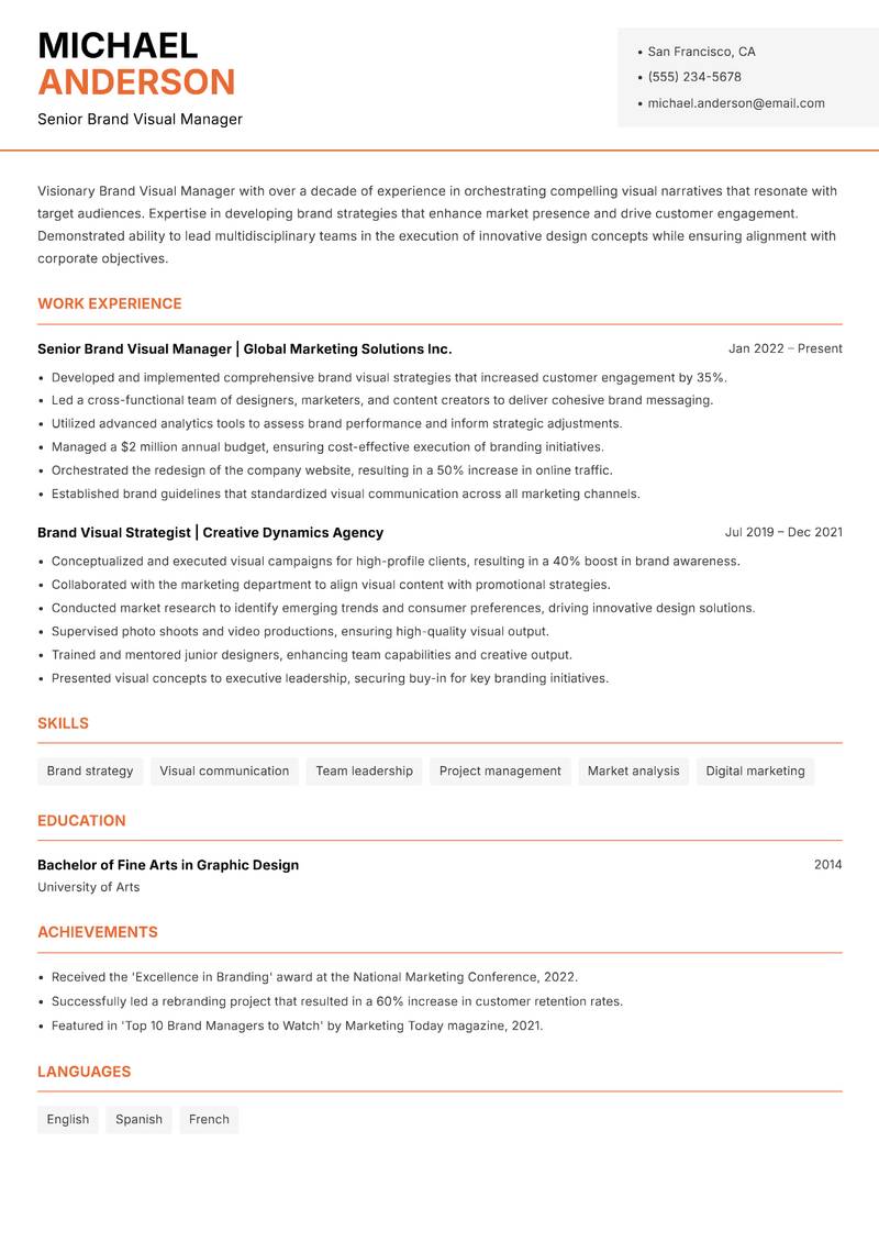 Brand Visual Manager resume sample — Senior Brand Visual Manager focus