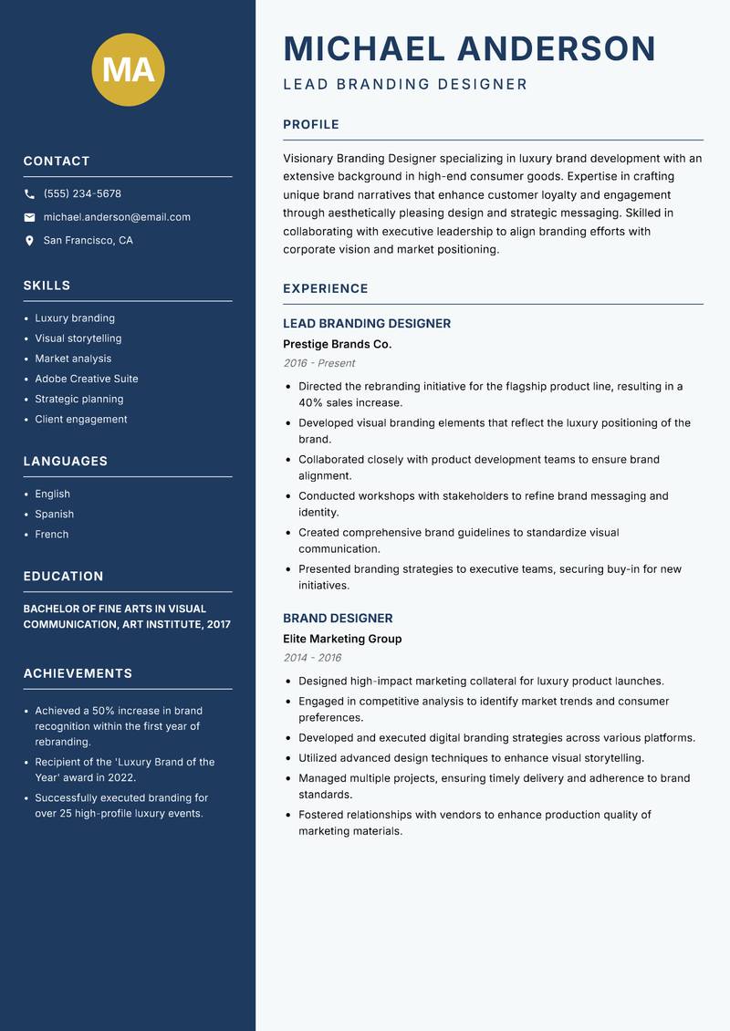 Branding Designer resume sample — Lead Branding Designer focus