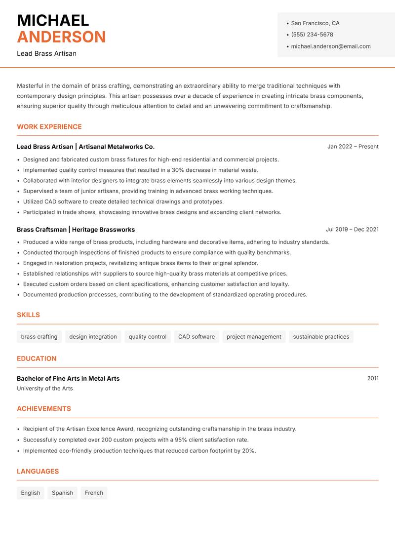 Brass Craft Artisan resume sample — Lead Brass Artisan focus