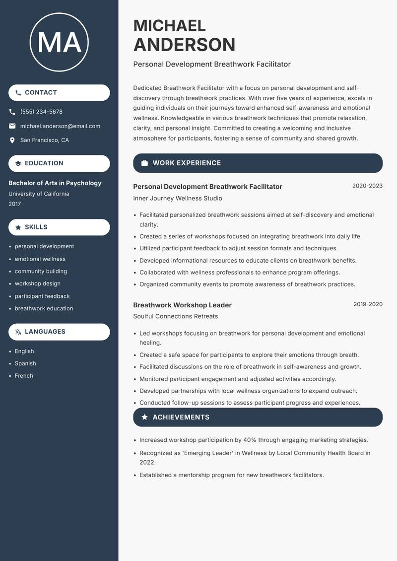 Breathwork Facilitator resume sample — Personal Development Breathwork Facilitator focus
