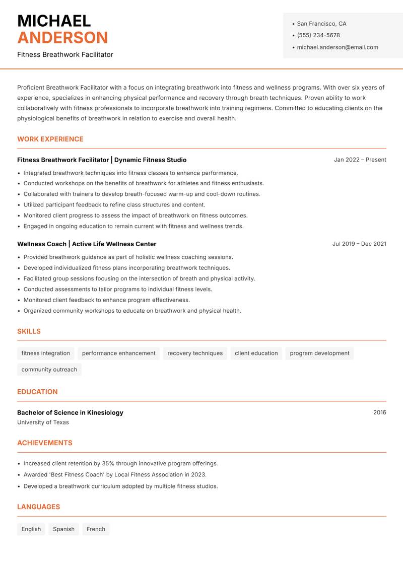 Breathwork Facilitator resume sample — Fitness Breathwork Facilitator focus