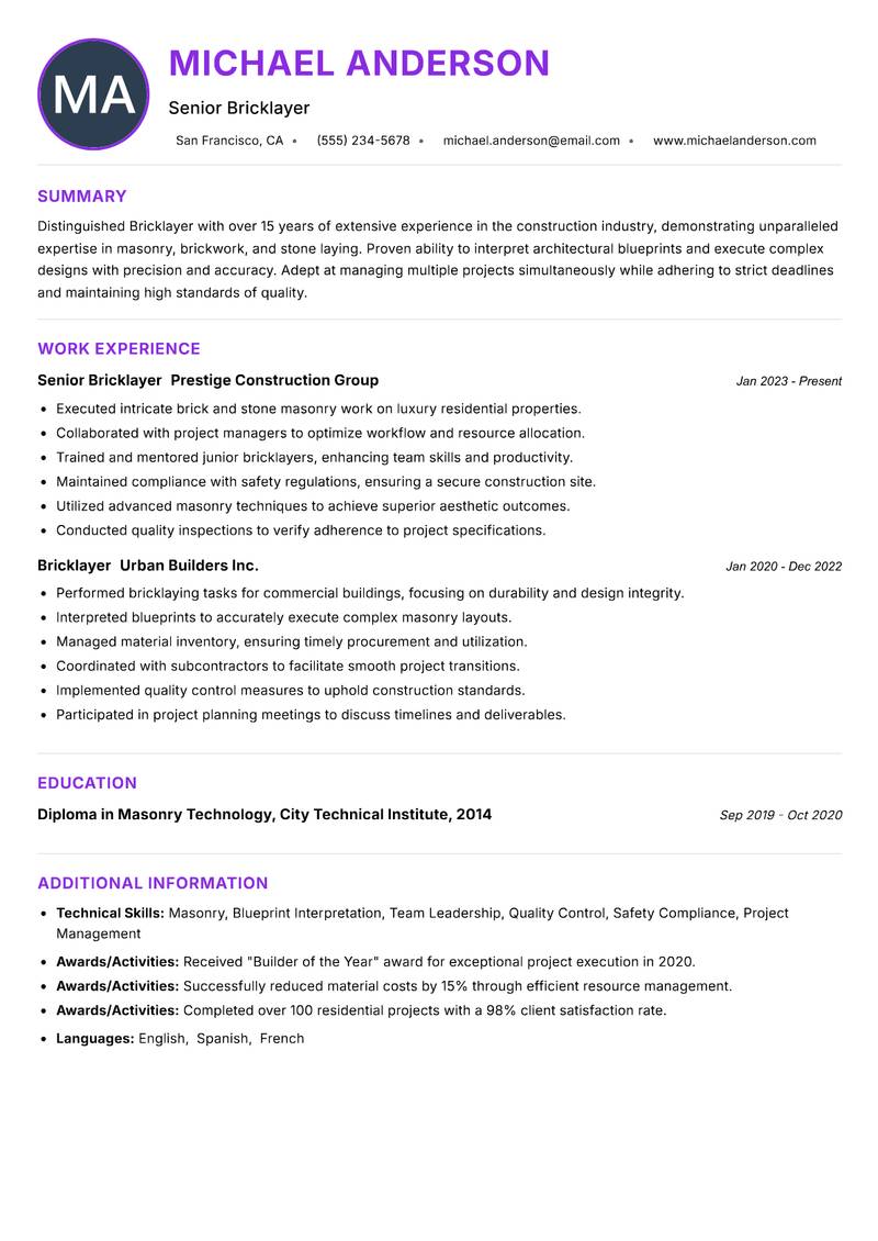 Bricklayer resume example