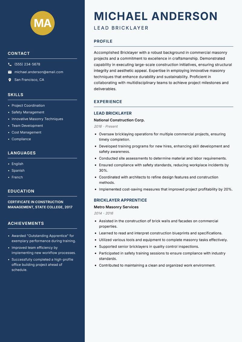 Bricklayer resume sample — Lead Bricklayer focus
