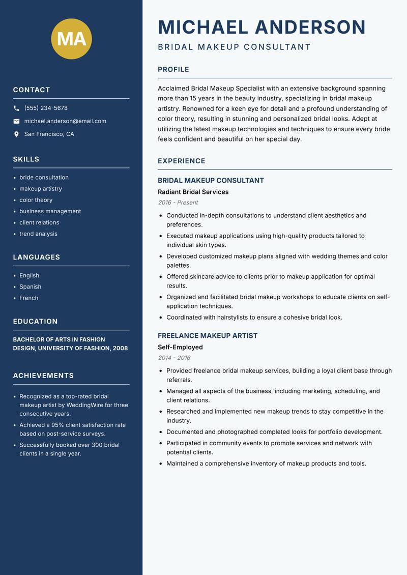Bridal Makeup Specialist resume sample — Bridal Makeup Consultant focus