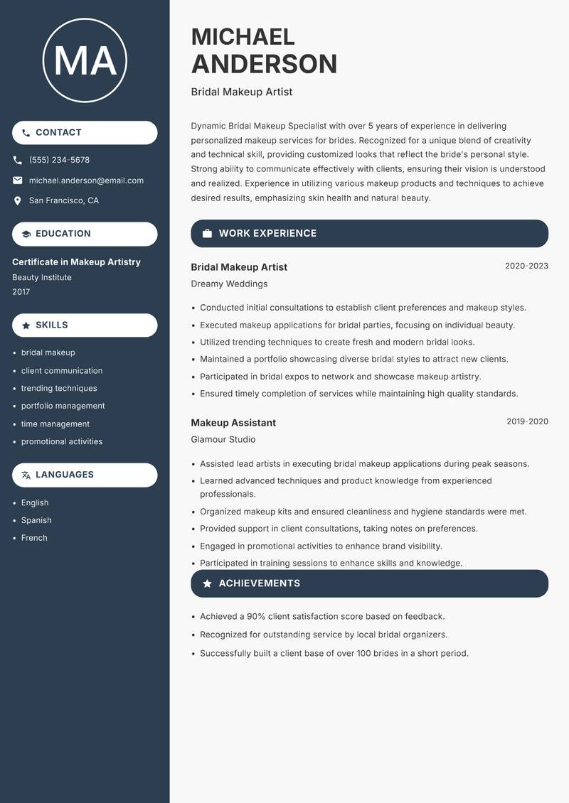Bridal Makeup Specialist resume sample — Bridal Makeup Artist focus