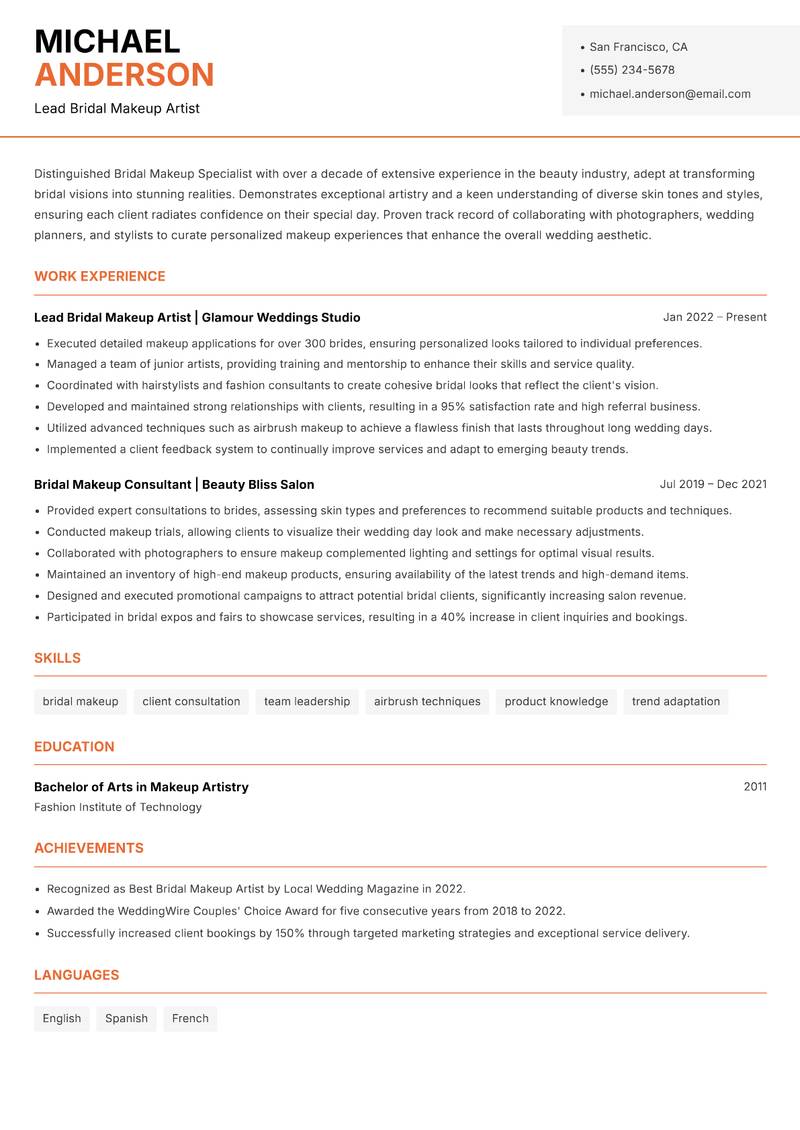 Bridal Makeup Specialist resume sample — Lead Bridal Makeup Artist focus
