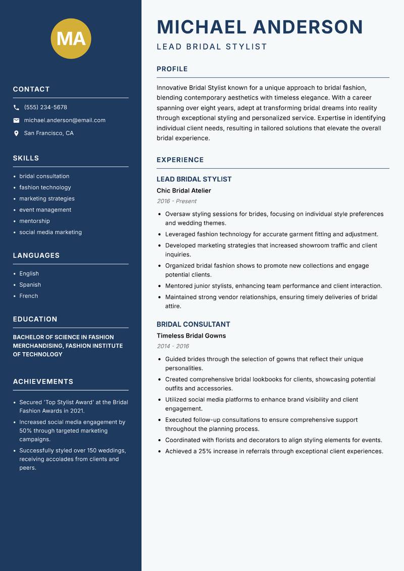 Bridal Stylist resume sample — Lead Bridal Stylist focus